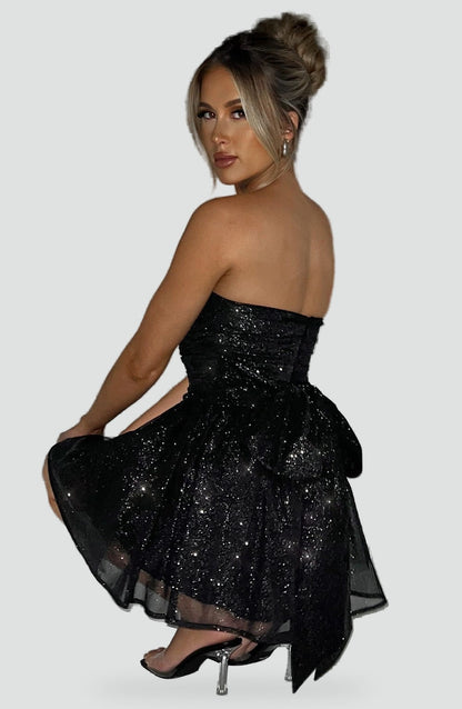Strapless Glitter Dames Mini Jurk met Gedrapeerd Lijfje en Strik