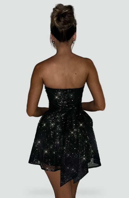 Strapless Glitter Dames Mini Jurk met Gedrapeerd Lijfje en Strik