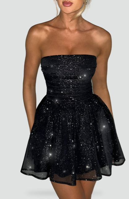 Strapless Glitter Dames Mini Jurk met Gedrapeerd Lijfje en Strik