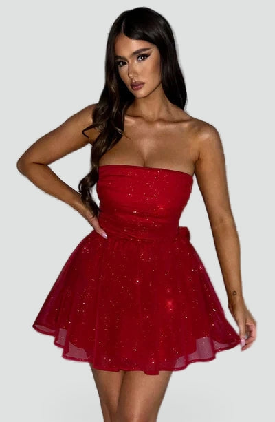 Strapless Glitter Dames Mini Jurk met Gedrapeerd Lijfje en Strik
