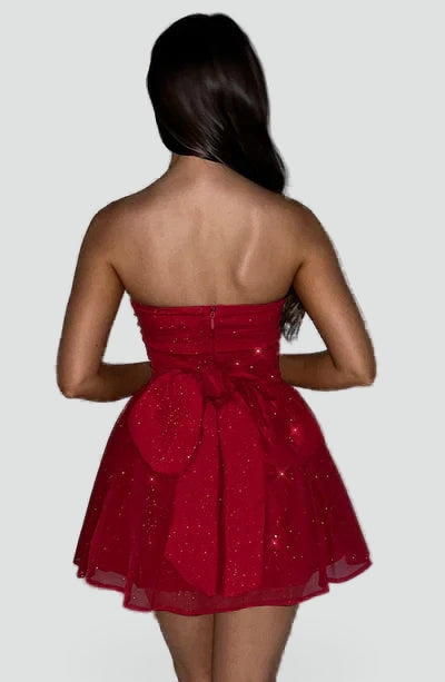 Strapless Glitter Dames Mini Jurk met Gedrapeerd Lijfje en Strik
