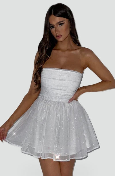 Strapless Glitter Dames Mini Jurk met Gedrapeerd Lijfje en Strik
