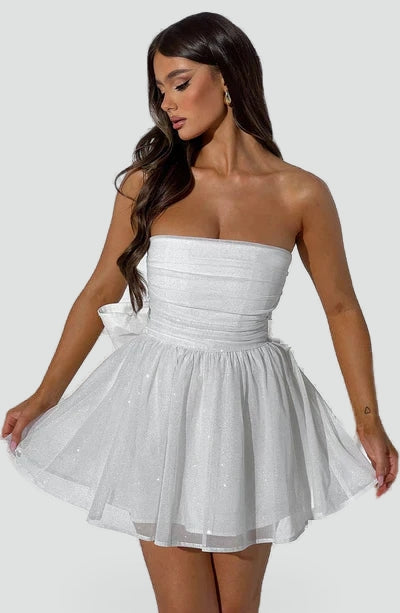 Strapless Glitter Dames Mini Jurk met Gedrapeerd Lijfje en Strik
