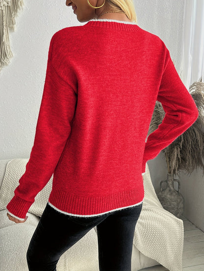 Gebreide Jacquard Dames Trui met Sneeuwvlokmotief en Ribboorden