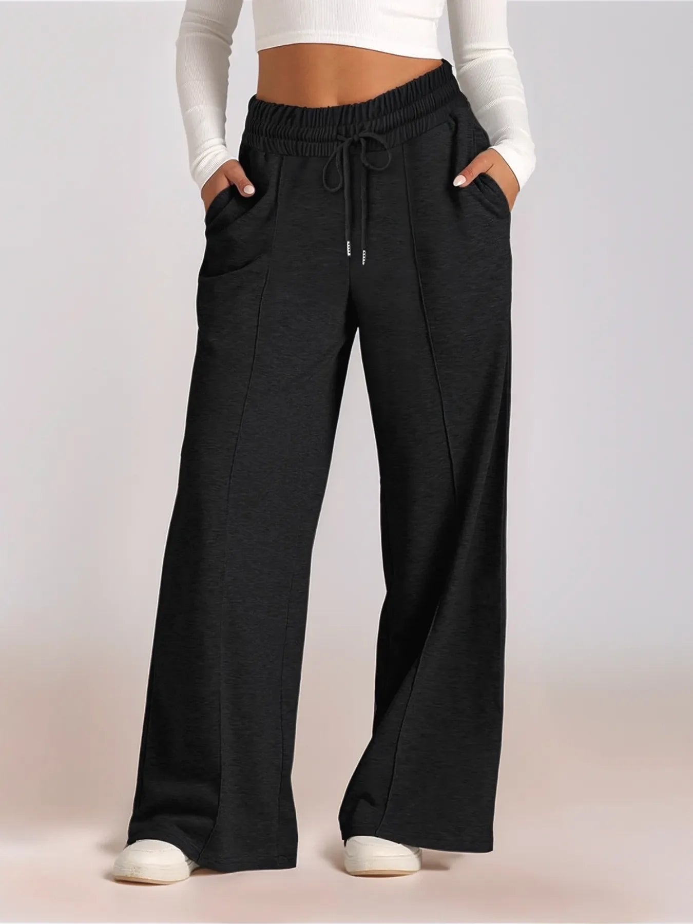Gray Women's Jogging Pants With Elastic Waist And Wide Legs