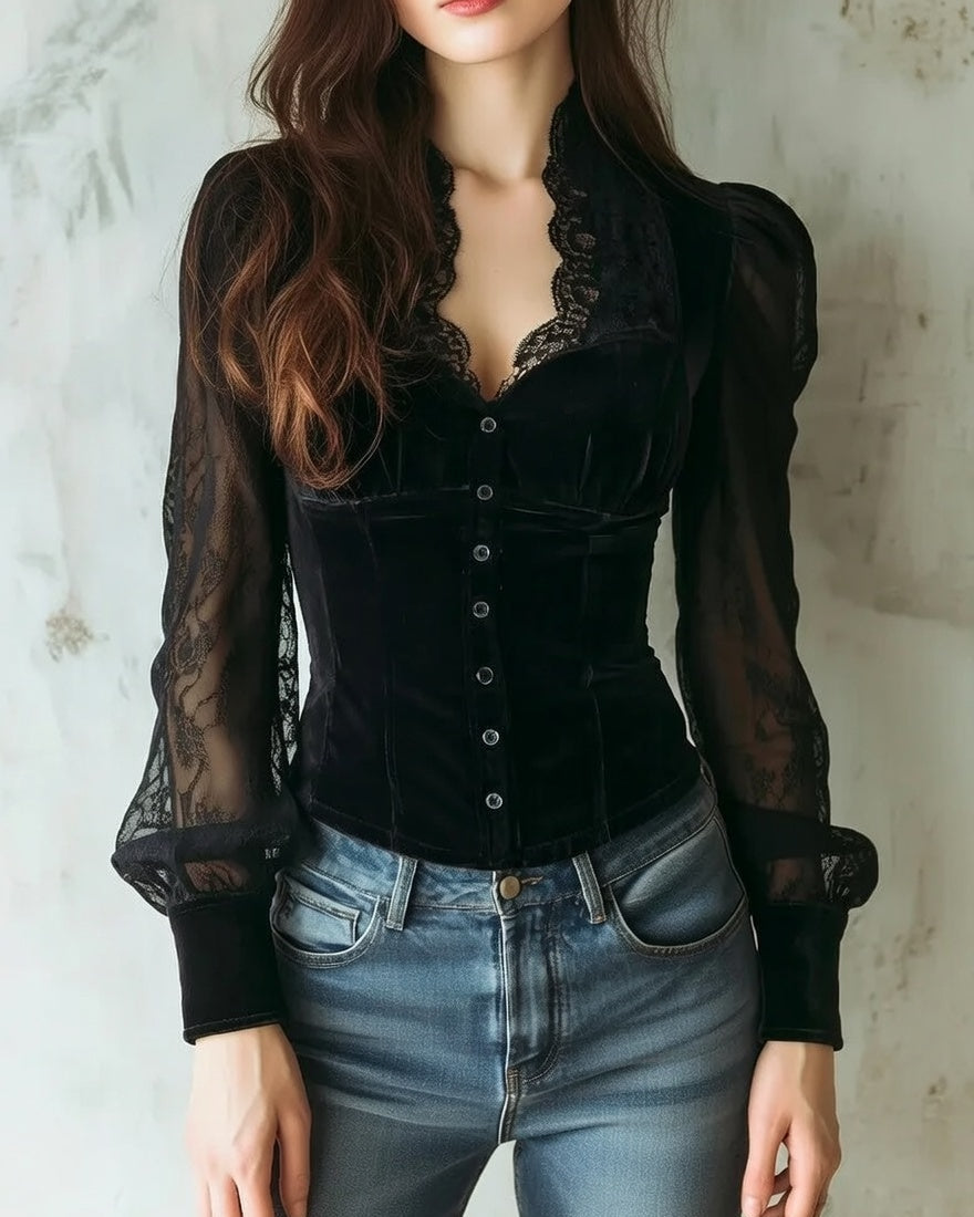 Luxe Zwarte Kant Blouse voor Dames Met Transparante Mouwen