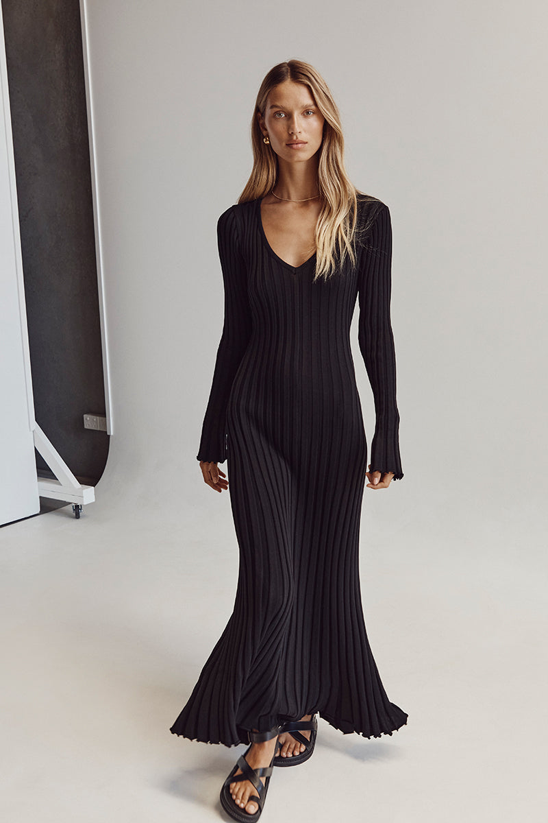 Elegante Comfortabele Gebreide Dames Midi Jurk met V-Hals