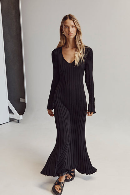 Elegante Comfortabele Gebreide Dames Midi Jurk met V-Hals