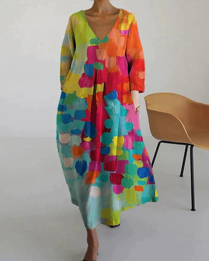 Zomerse Dames Oversized Midi Jurk Met V Hals En Print