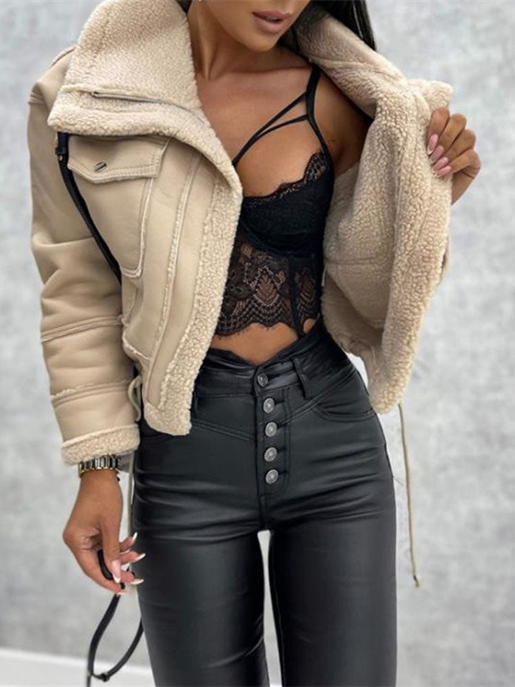 Blouson teddy biker chaud et tendance pour dames avec poches