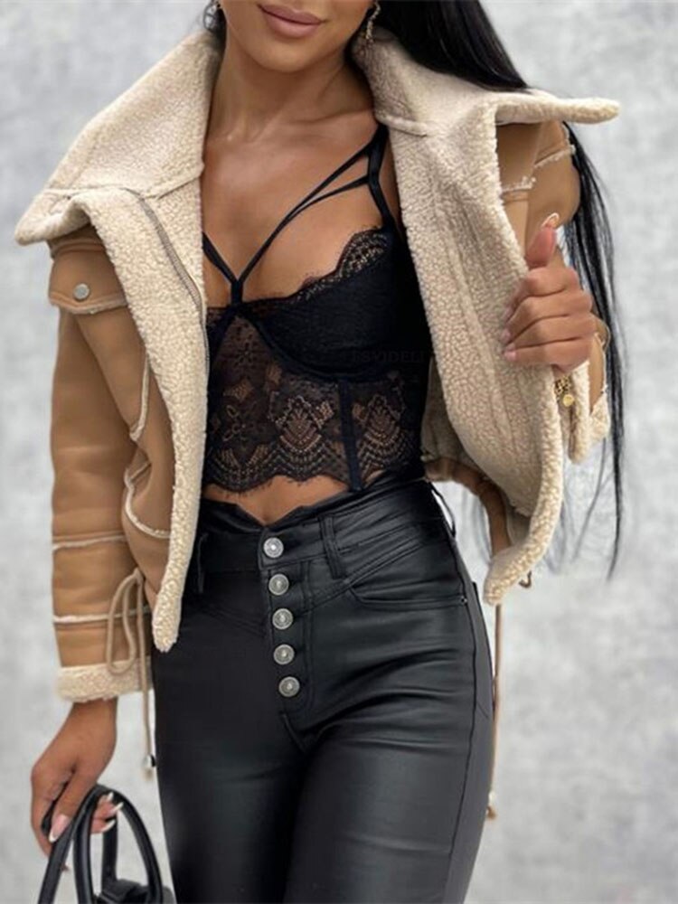 Blouson teddy biker chaud et tendance pour dames avec poches