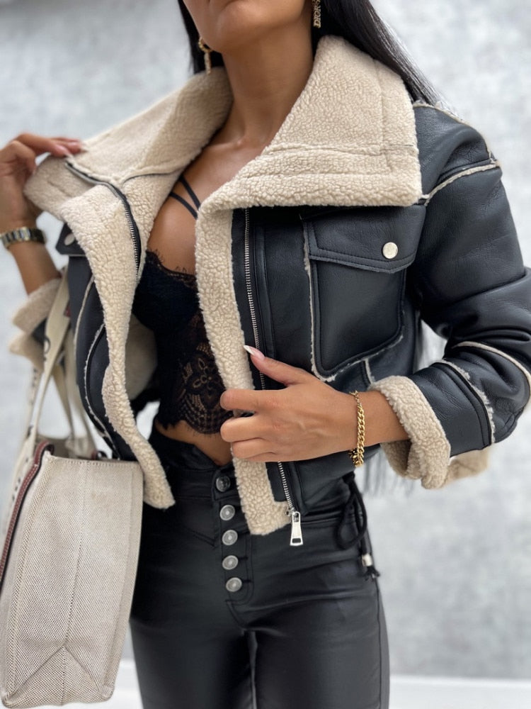Blouson teddy biker chaud et tendance pour dames avec poches