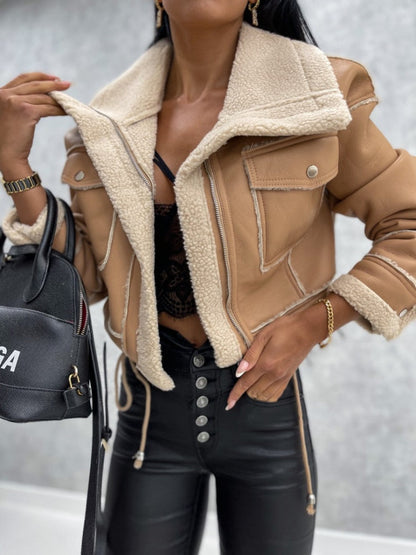Blouson teddy biker chaud et tendance pour dames avec poches