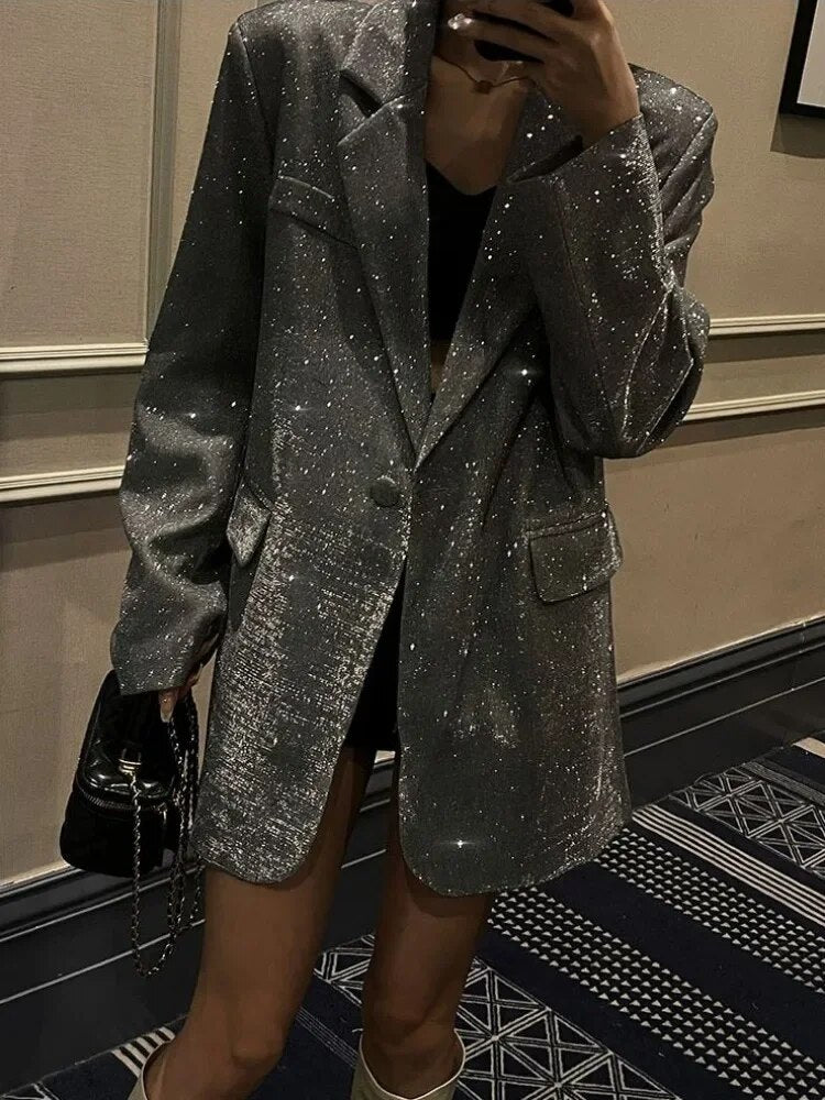 Blazer long scintillant chic pour femmes avec finition de luxe