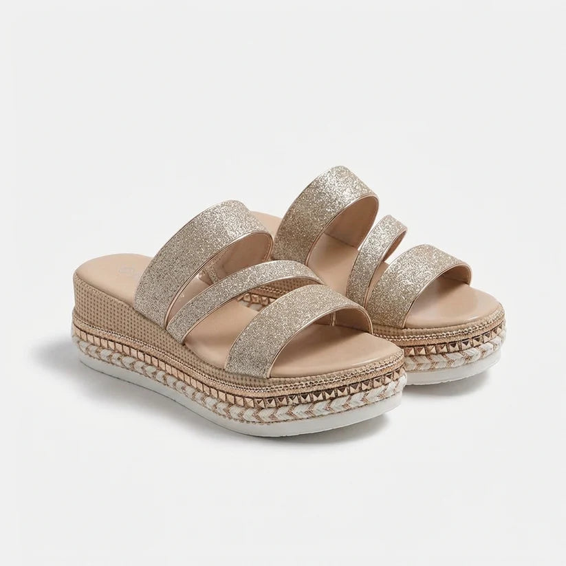 Stylish Women's Gold Platform Sandals with Buckle and Braided Edge