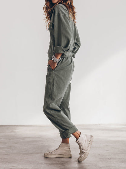 Stijlvolle Dames Utility Jumpsuit met Lange Mouwen en Zakken
