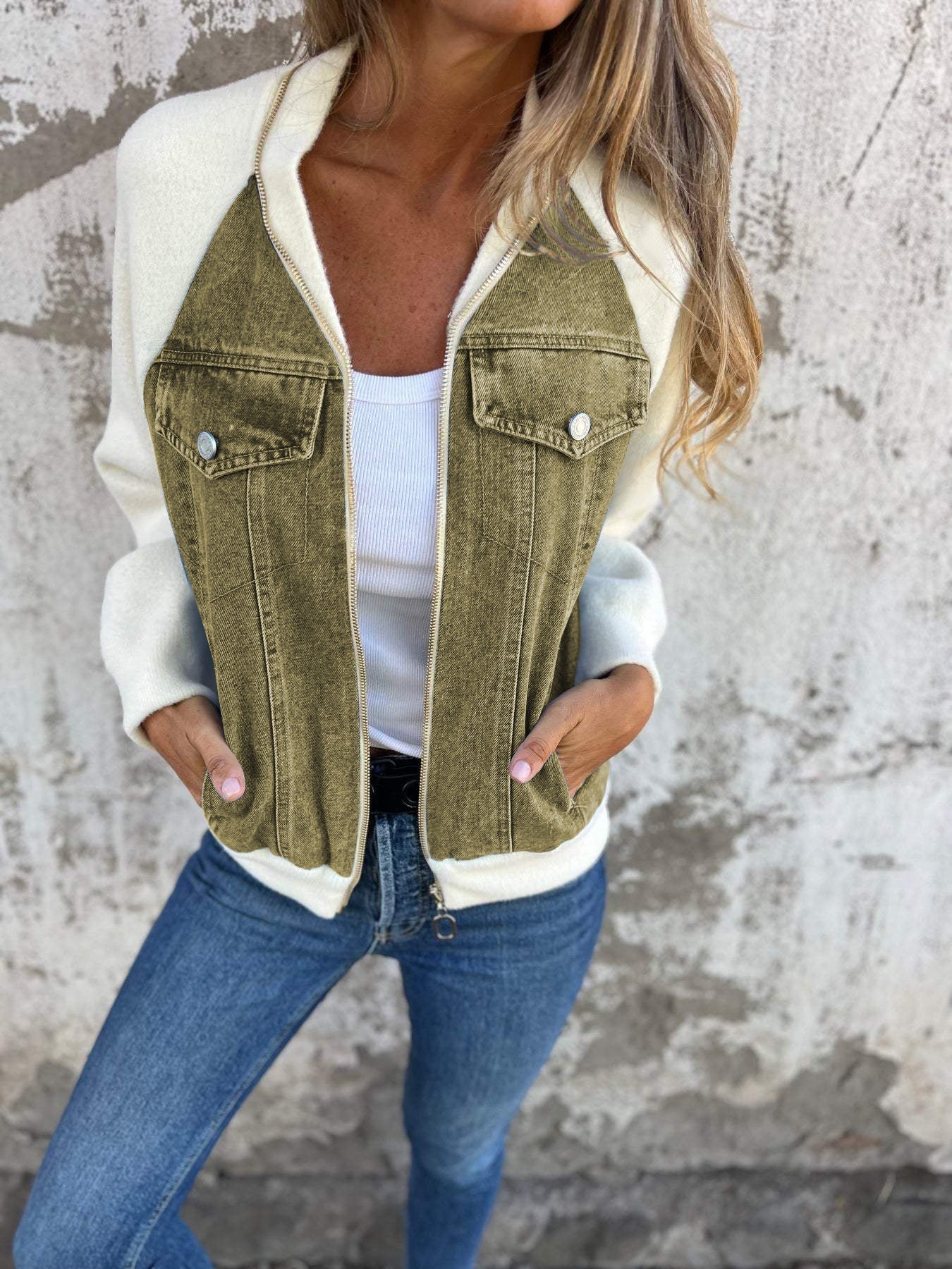 Women's Bomber Jacket with Denim Look and Soft Fleece Sleeves