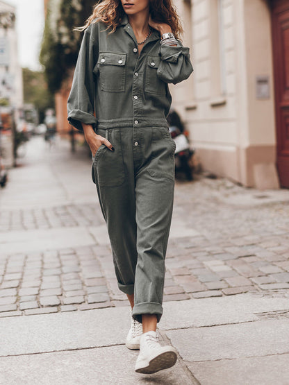 Stijlvolle Dames Utility Jumpsuit met Lange Mouwen en Zakken