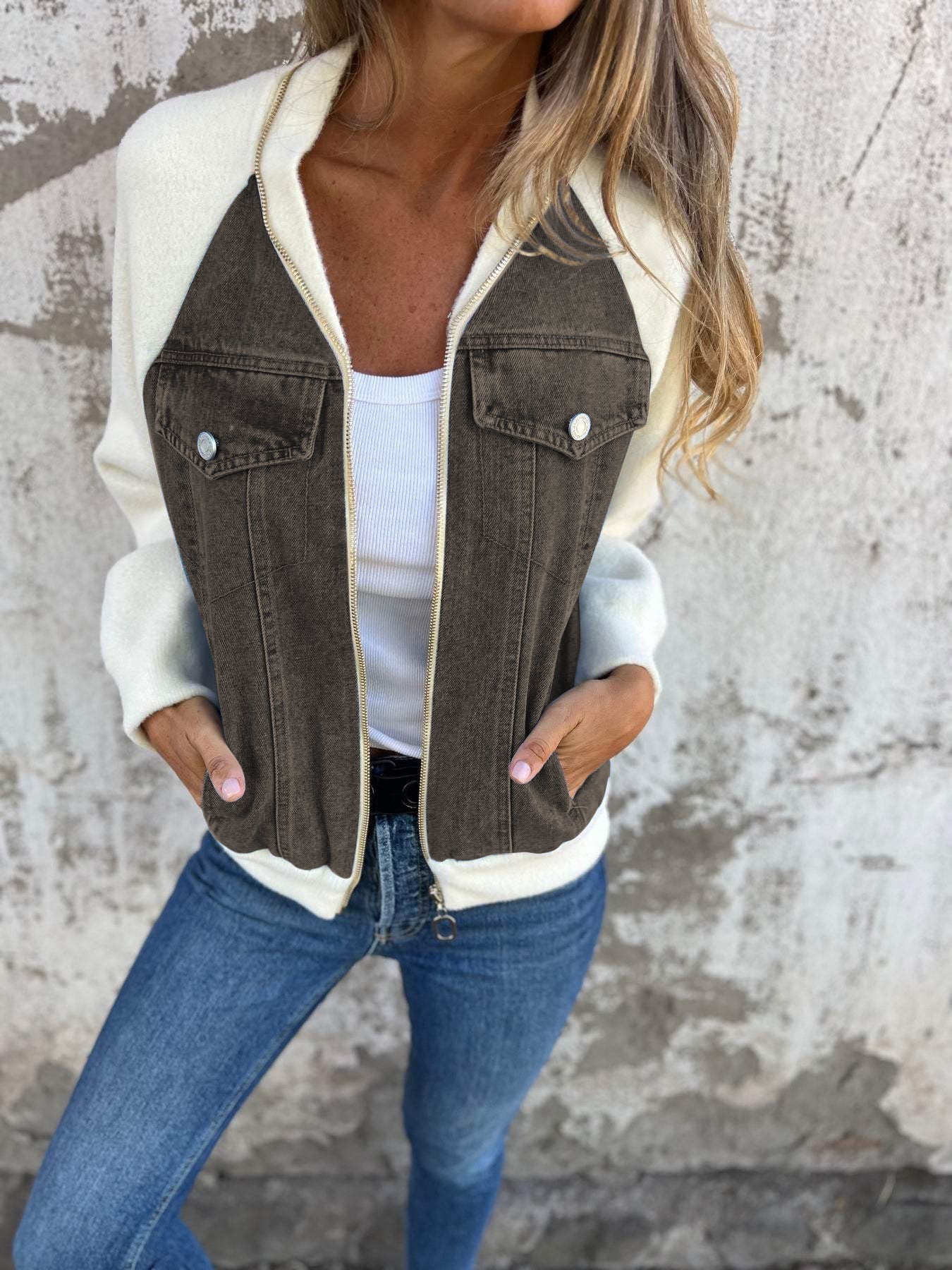 Dames Bomberjack met Denim Look en Zachte Fleece Mouwen