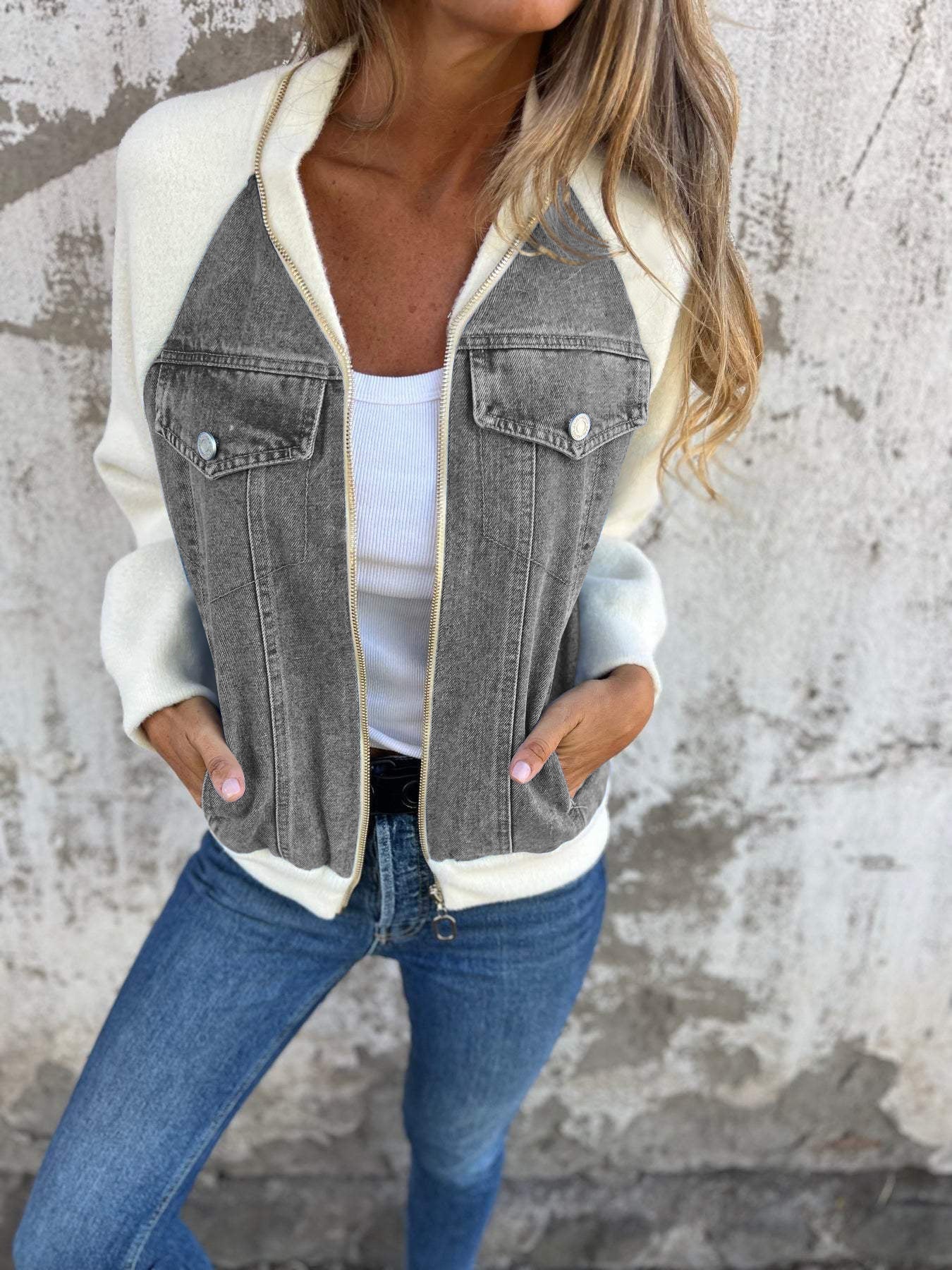 Dames Bomberjack met Denim Look en Zachte Fleece Mouwen