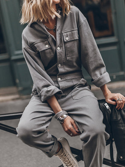Stijlvolle Dames Utility Jumpsuit met Lange Mouwen en Zakken