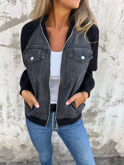 Women's Bomber Jacket with Denim Look and Soft Fleece Sleeves