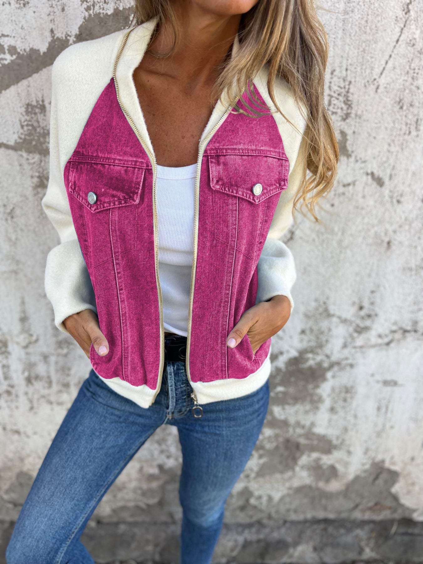 Dames Bomberjack met Denim Look en Zachte Fleece Mouwen