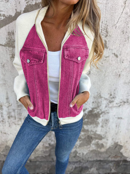 Women's Bomber Jacket with Denim Look and Soft Fleece Sleeves