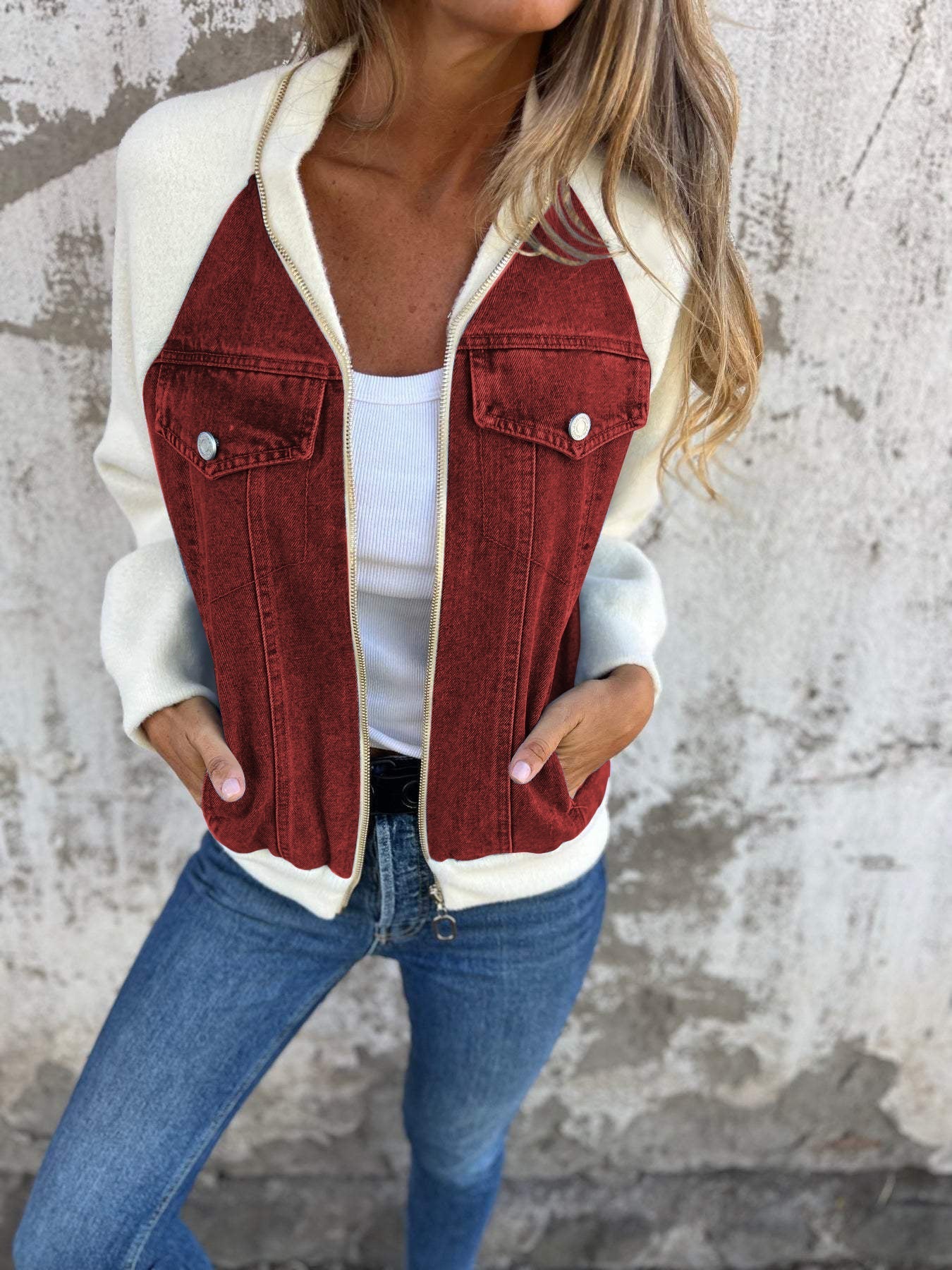 Dames Bomberjack met Denim Look en Zachte Fleece Mouwen