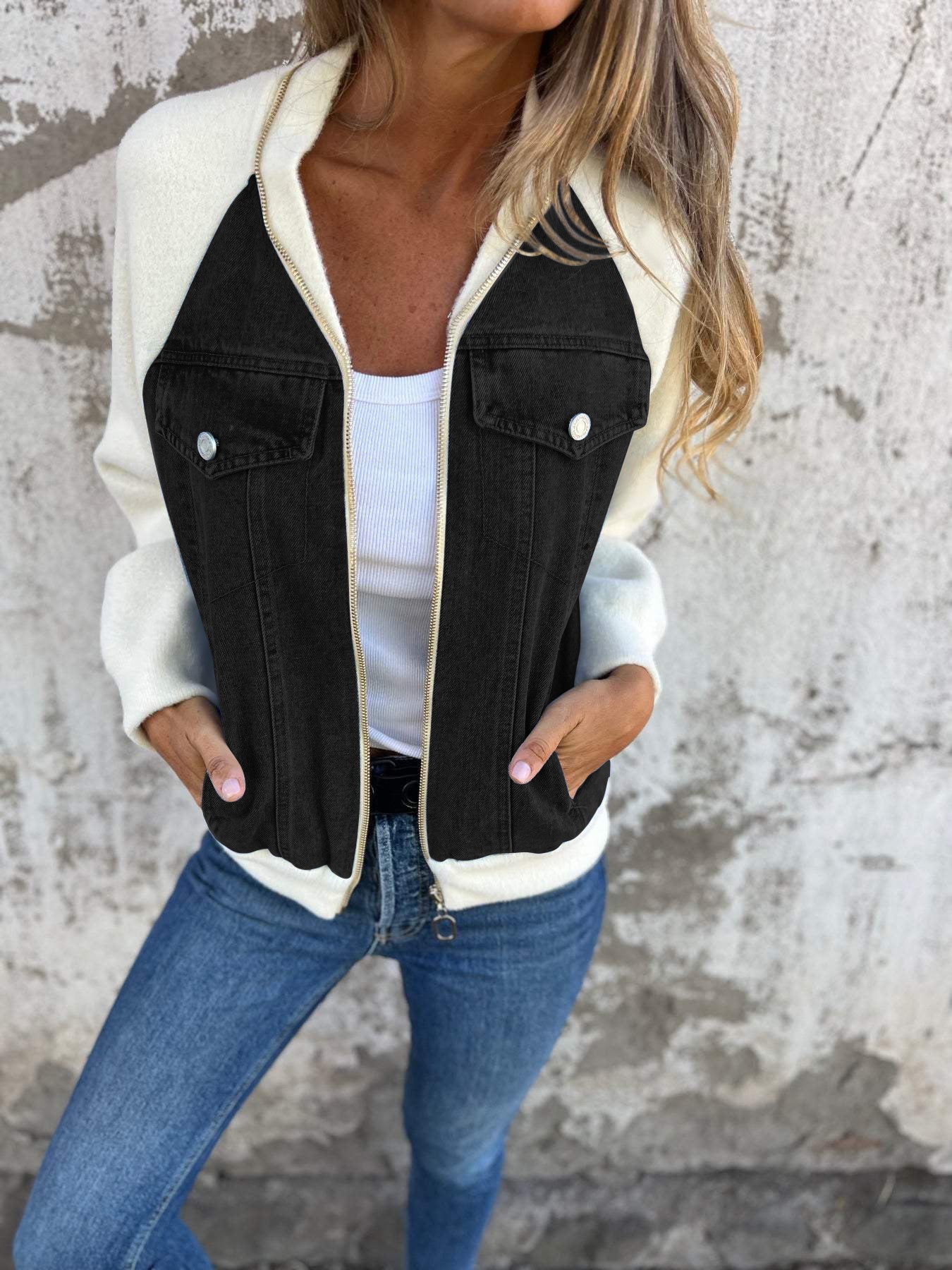 Women's Bomber Jacket with Denim Look and Soft Fleece Sleeves