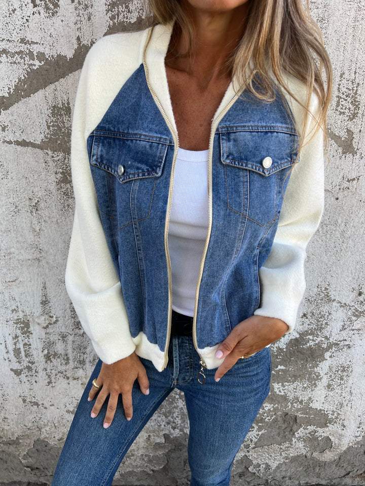 Dames Bomberjack met Denim Look en Zachte Fleece Mouwen