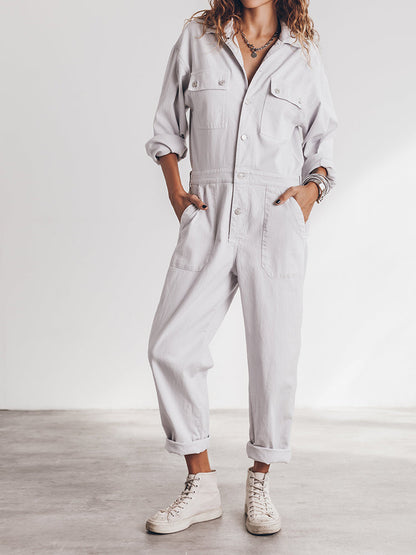 Stijlvolle Dames Utility Jumpsuit met Lange Mouwen en Zakken
