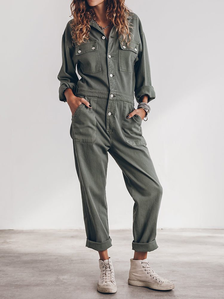 Stijlvolle Dames Utility Jumpsuit met Lange Mouwen en Zakken