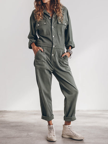 Stijlvolle Dames Utility Jumpsuit met Lange Mouwen en Zakken