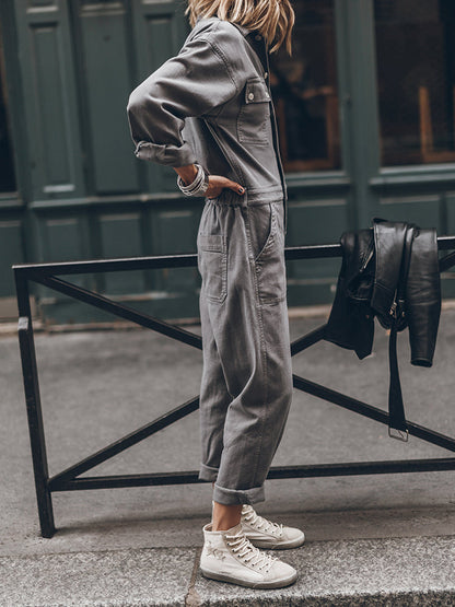 Stijlvolle Dames Utility Jumpsuit met Lange Mouwen en Zakken
