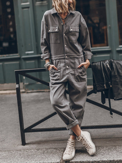 Stijlvolle Dames Utility Jumpsuit met Lange Mouwen en Zakken