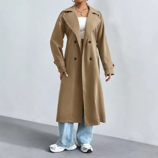 Dames Lange Trenchcoat met Dubbele Rij Knopen