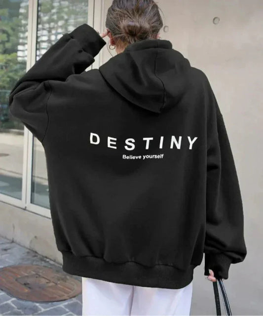 Oversized Zwarte Dames Hoodie met Capuchon en Print