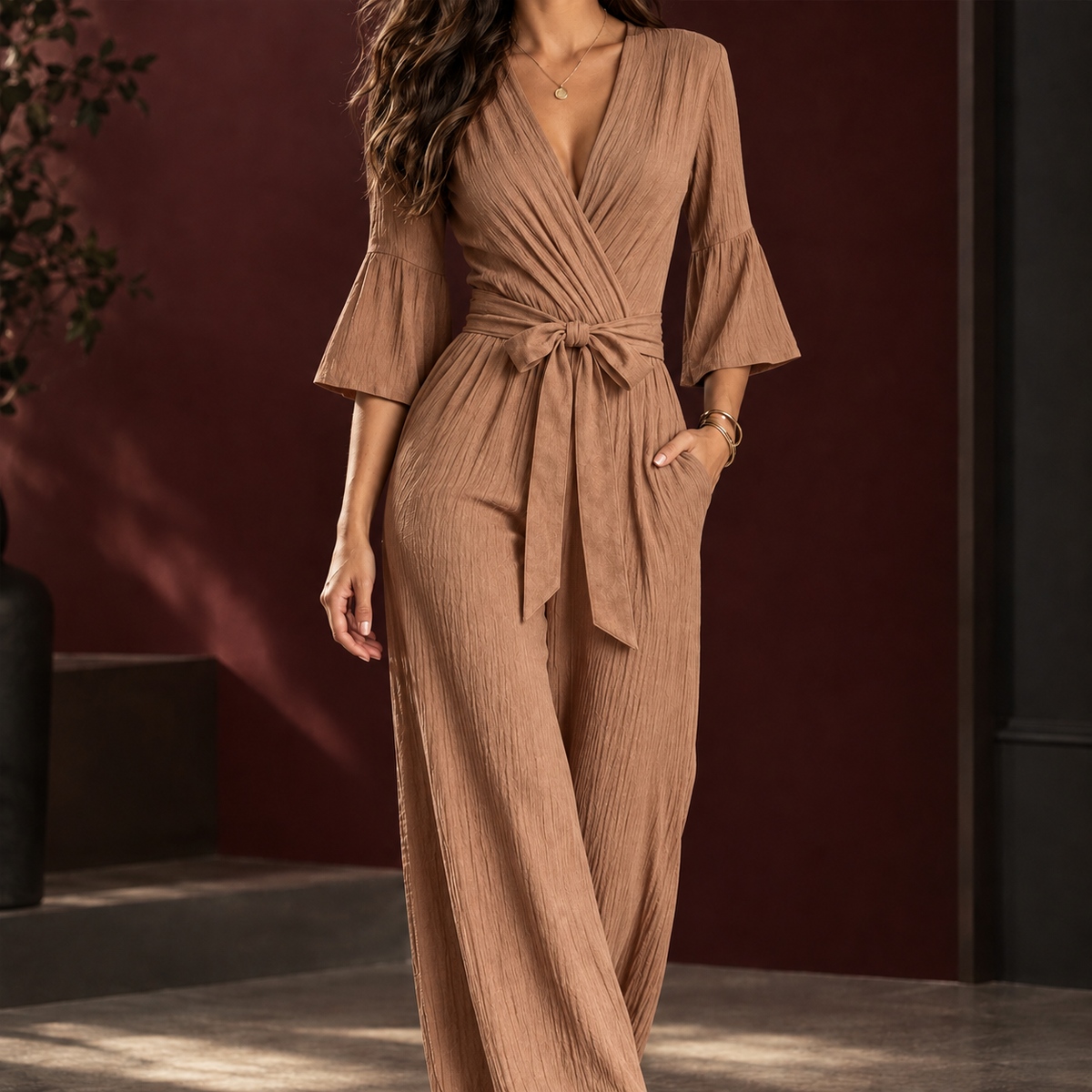 Olive-Hope Wrap Jumpsuit - Light Brown