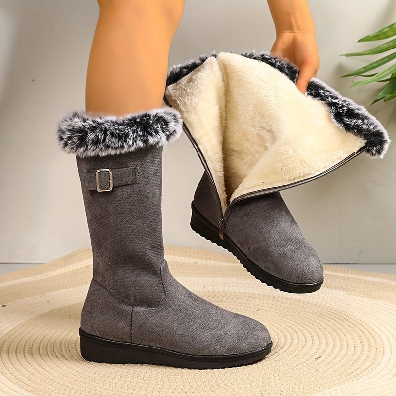 Gevoerde Dames Winterlaarzen met Kunstbontrand en Gespdetail