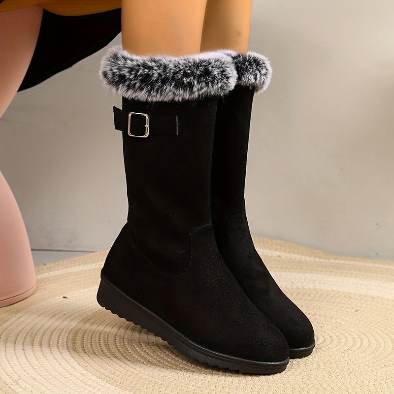 Gevoerde Dames Winterlaarzen met Kunstbontrand en Gespdetail