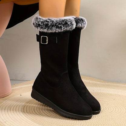 Gevoerde Dames Winterlaarzen met Kunstbontrand en Gespdetail