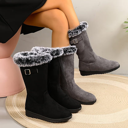Gevoerde Dames Winterlaarzen met Kunstbontrand en Gespdetail