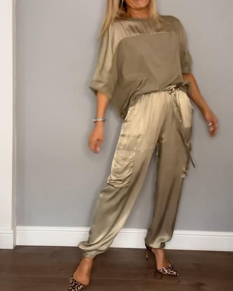 Chique Dames Satijnen Cargo Set met Top en Hoge Taille Broek
