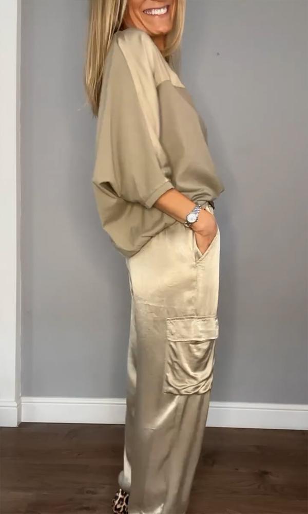 Chique Dames Satijnen Cargo Set met Top en Hoge Taille Broek