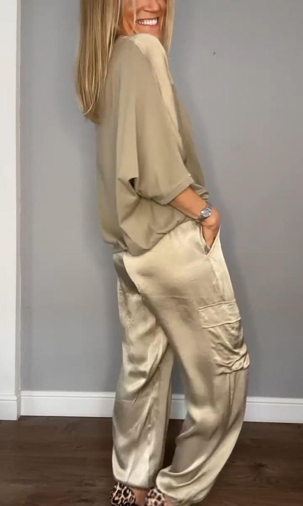 Chique Dames Satijnen Cargo Set met Top en Hoge Taille Broek