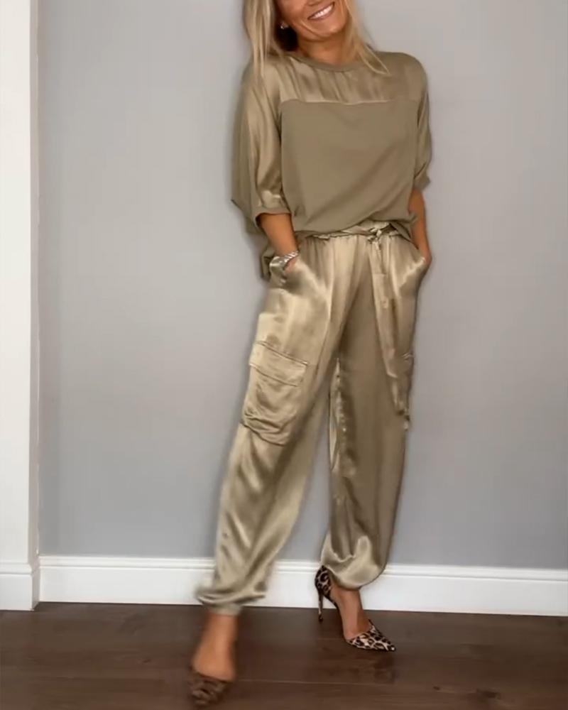 Chique Dames Satijnen Cargo Set met Top en Hoge Taille Broek
