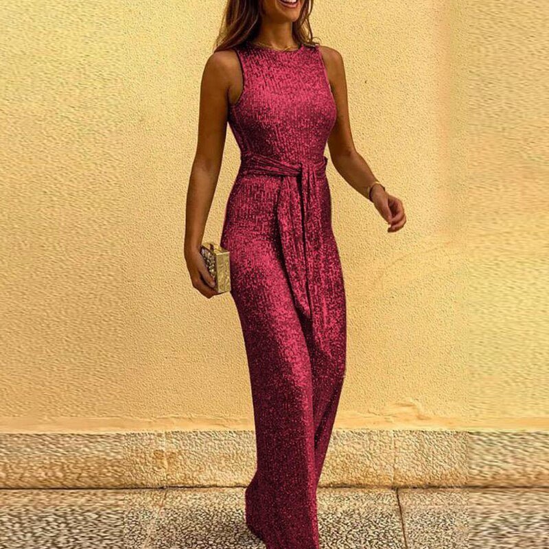 Luxury Glittering Ladies Jumpsuit with Belt and Sleeveless