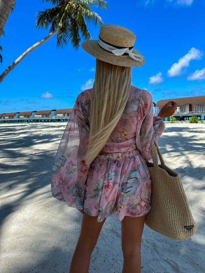 Floortje | Zwierige Playsuit met Tropische Print en Kimono Mouwen