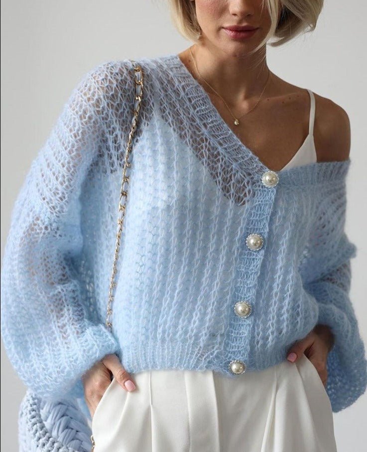 Marjolein | Cardigan Bleu Clair avec Boutons Perle